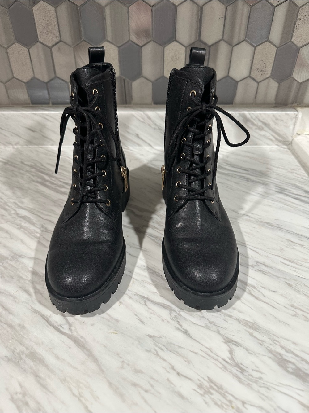 Coach Black Lace-Up Combat Boots with Gold Hardware